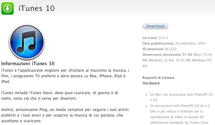 aggiornamento itunes 10.5 scaricare